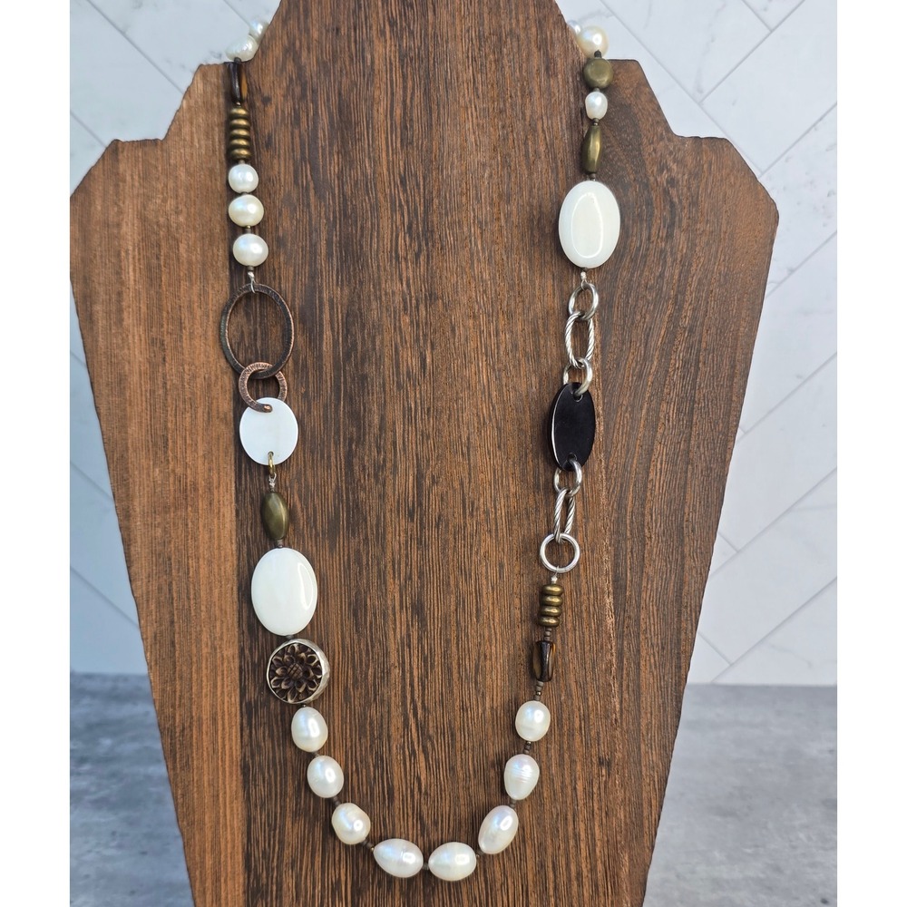 Silpada Retired Mixed Media Necklace Freshwater Pearl Shell Bronze 24 Inch - Picture 2 of 9